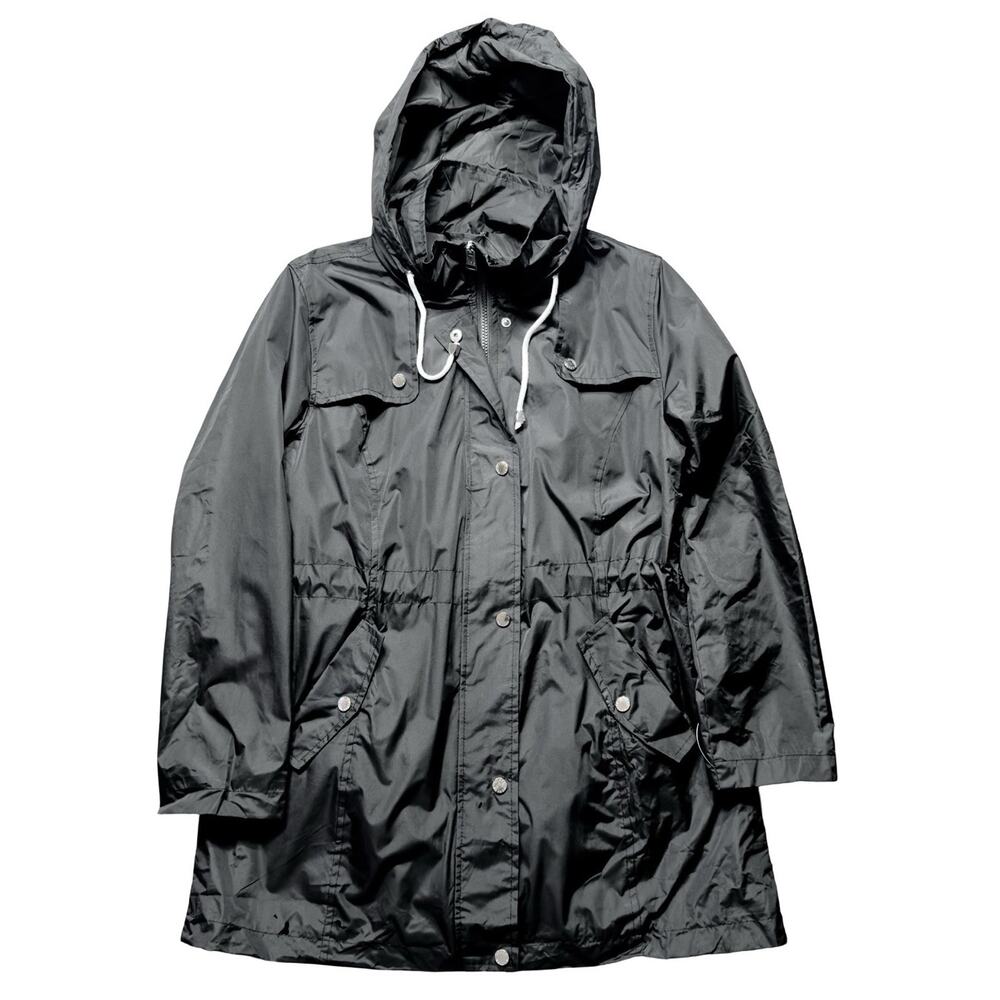 Steve Madden Womens Rain Jacket Hooded Black Windbreaker Coat Small NWT
